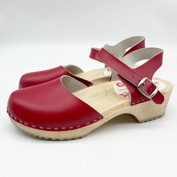 European Made Wooden Clog Sandal Mary Jane Red Leather women Shoes ssz 39 - Picture 3 of 8